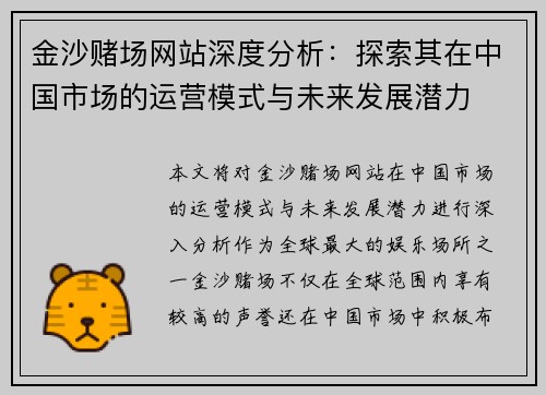 金沙赌场网站深度分析：探索其在中国市场的运营模式与未来发展潜力